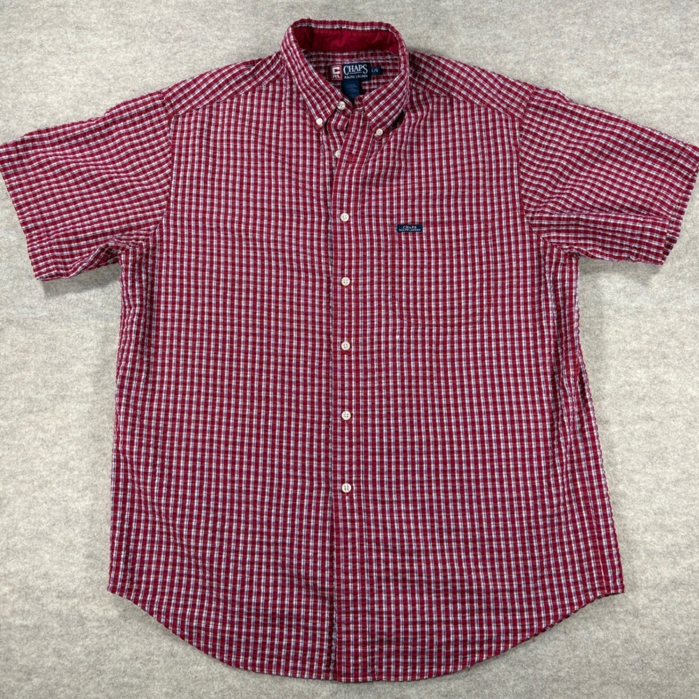 Chaps Ralph Lauren Mens L Red Plaid Short Sleeve Button Down Seersucker Shirt